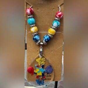 Autism Awareness Resin Teardrop Pendant With Dried Flowers & Autism Puzz…